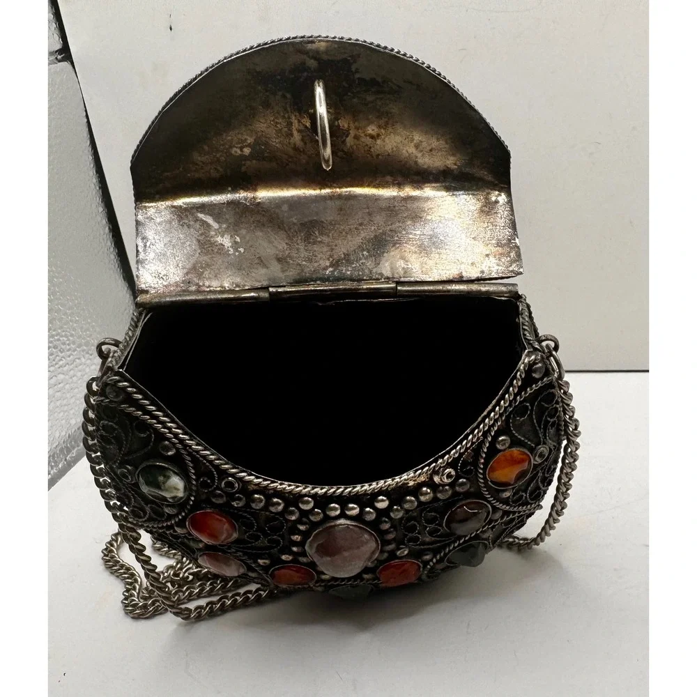 Vintage Sajai handmade‎ metal filigree with precious stones inlay & chain strap